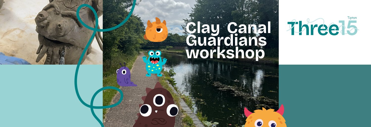 An image of Tipton canal alongside some colourful cartoon monsters and a clay figure