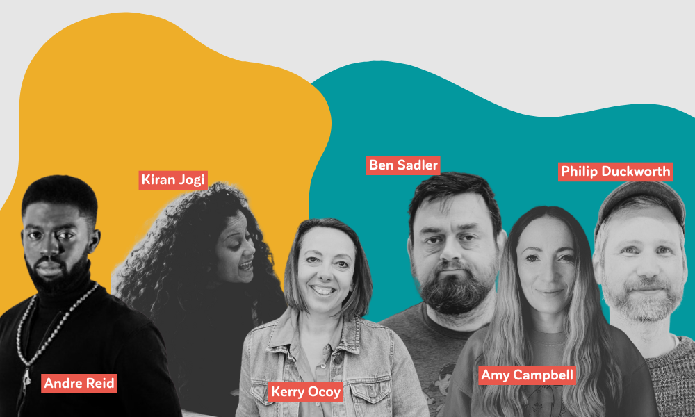 A collage of six people with colorful abstract shapes in the background. Names are labeled: Andre Reid, Kiran Jogi, Kerry Ocoy, Ben Sadler, Amy Campbell, Philip Duckworth.