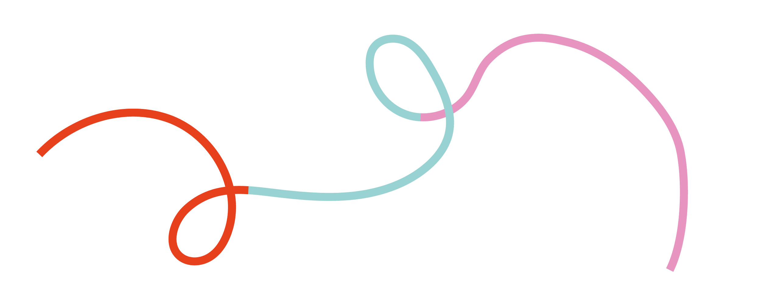 A colorful abstract line drawing with loops and curves in red, blue, pink, and purple on a black background.