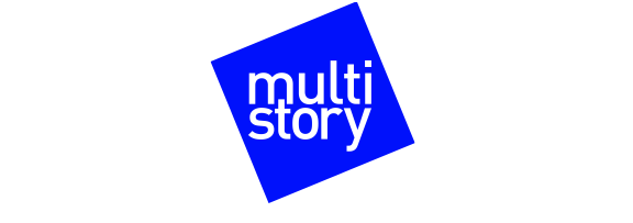 The image shows a blue square logo with the words 'multi story' in white text, tilted at an angle.