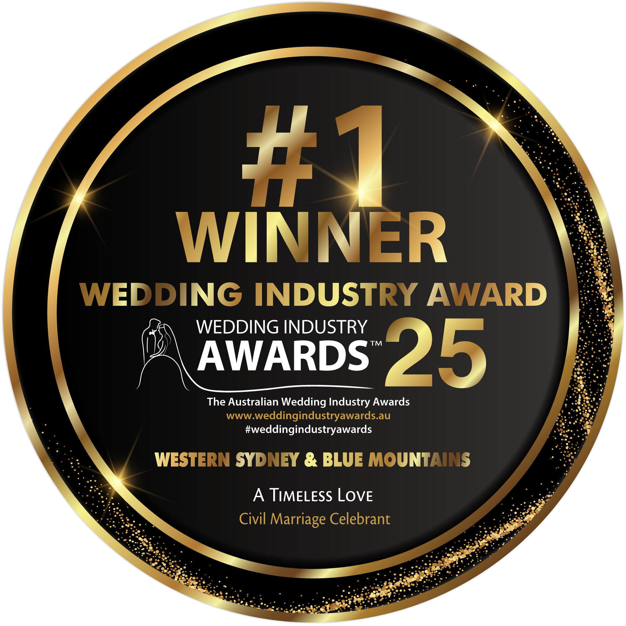 Award badge featuring gold and black design with text recognizing the recipient as the #1 winner of the Wedding Industry Award 2025, celebrating Western Sydney & Blue Mountains wedding vendors, with a silhouette of a bride and groom and additional event details.