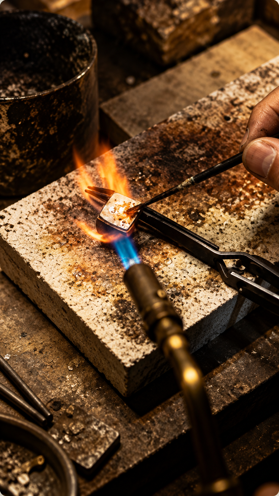 A person is using a torch to heat a small metal object with a flame from a blowtorch, in a workshop setting with various tools and bricks around.