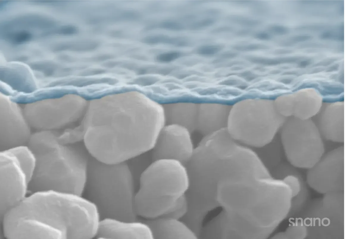 SEM cross-section of SNANO ceramic-based composite membrane showing ceramic substrate and organic selective layer