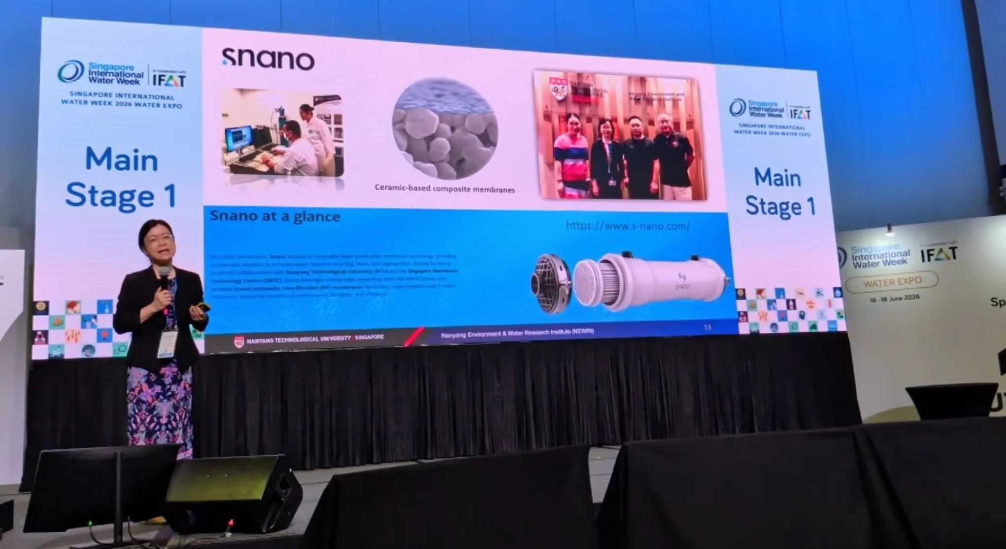 Professor Wang Rong(Nanyang Technological University) presenting SNANO's ceramic-based nanofiltration membrane technology at Singapore International Water Week 2026 (SIWW 2026), Marina Bay Sands, Singapore