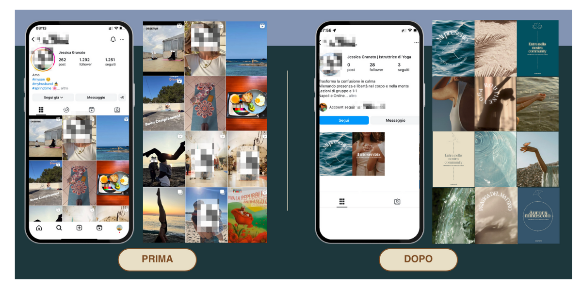 Compare tra un profilo Instagram prima e dopo una strategia di reorganizzazione, con meno contenuti e più focus su pochi post e storie sui temi di benessere e yoga.