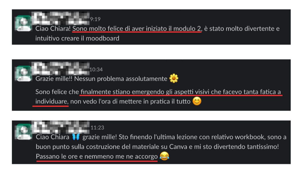 Conversazioni in WhatsApp tra due persone che condividono il progresso nell'apprendimento di un modulo e la creazione di un moodboard, con commenti di entusiasmo e gratitudine.