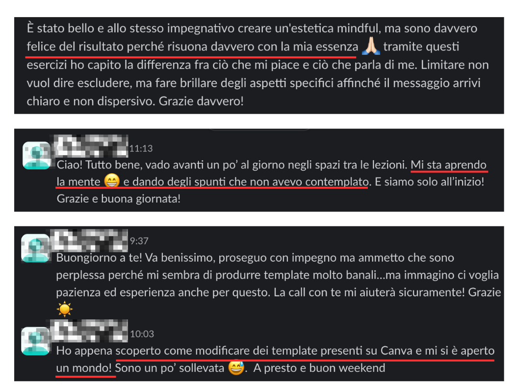 Conversazioni di chat tra persone che discutono di progresso personale, esercizi di mindfulness, studi e creazione di template.