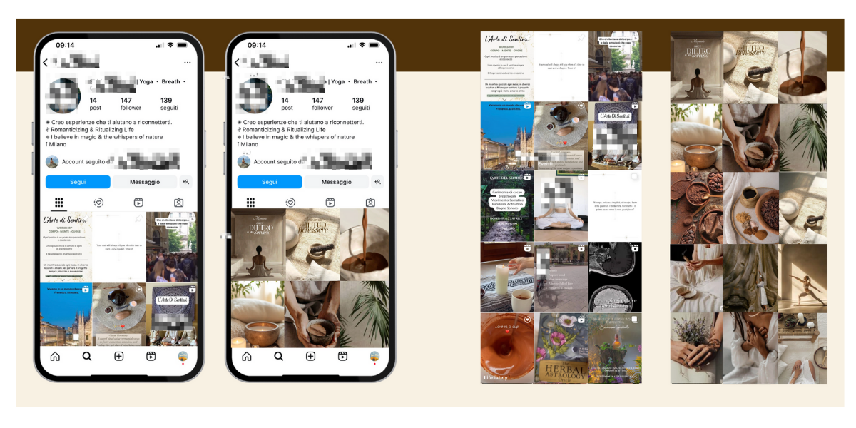 Schermate di un profilo Instagram su uno smartphone, con post e storie riguardanti yoga, benessere, natura e cucina, accompagnate da immagini di paesaggi, caffè, ingredienti e pratiche di meditazione.