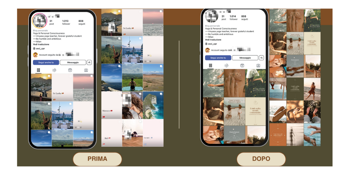 Immagine che mostra un confronto tra due schermate di un profilo Instagram, prima e dopo una ristrutturazione del feed. La sezione 'prima' presenta un layout disordinato e multicolore, mentre quella 'dopo' mostra un layout più armonioso e coerente con una palette di colori caldi e immagini di stile di vita e natura.