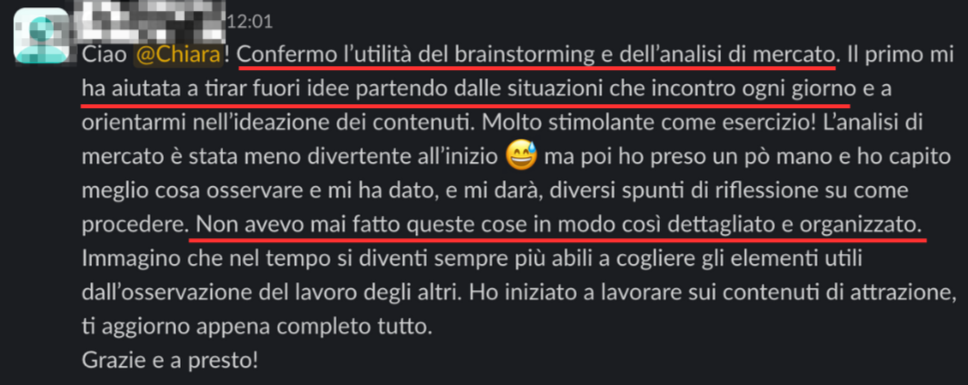 Screenshot di un messaggio di chat in italiano che parla di brainstorming, analisi di mercato e miglioramento delle capacità di osservazione