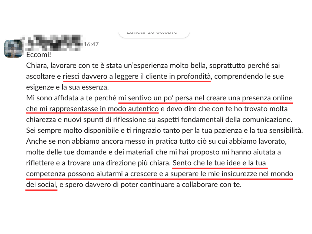 Messaggio di ringraziamento scritto in italiano, espressa gratitudine e apprezzamento per la collaborazione con qualcuno, menzionando l'importanza della comunicazione autentica e della crescita personale.