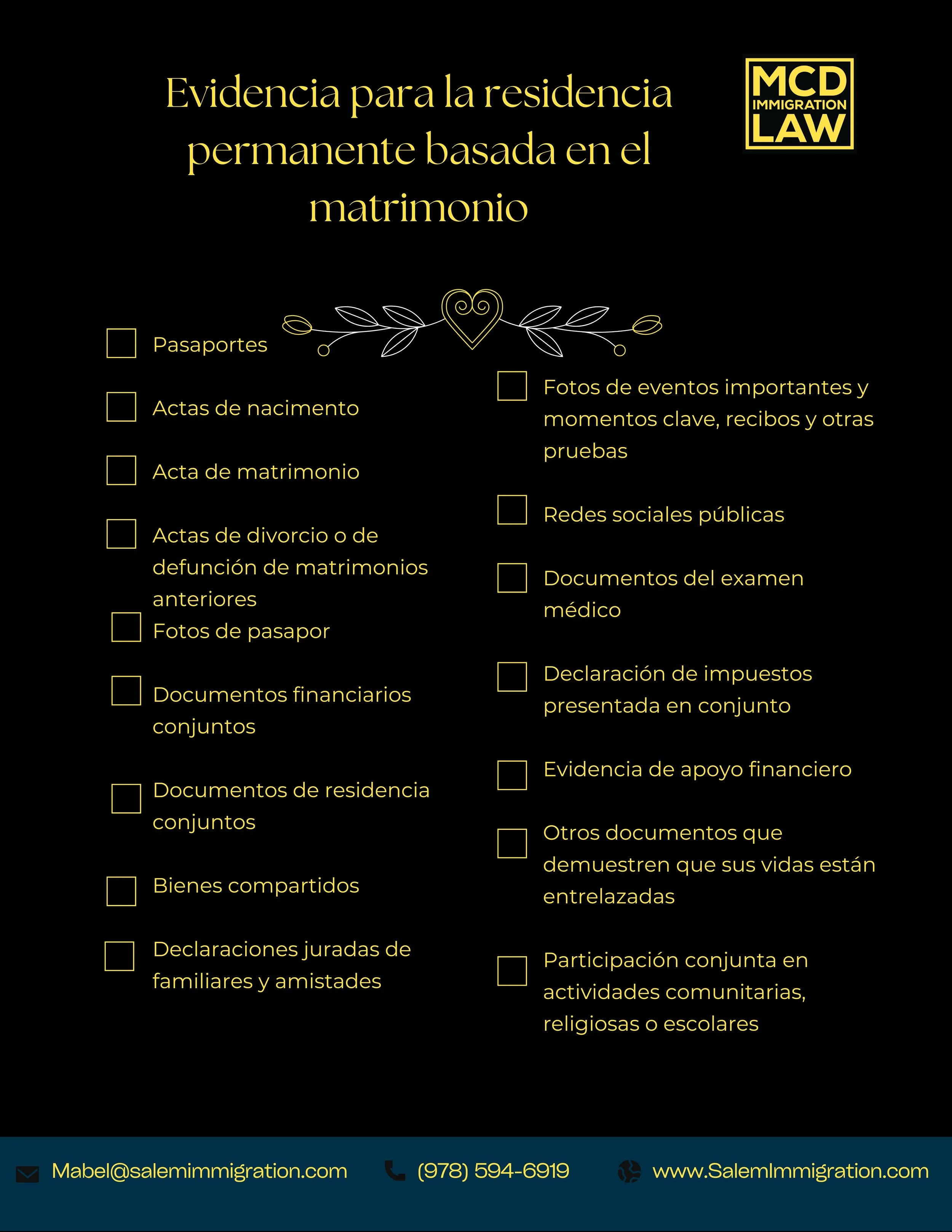 Evidencia para la residencia permanente basada en el matrimonio 