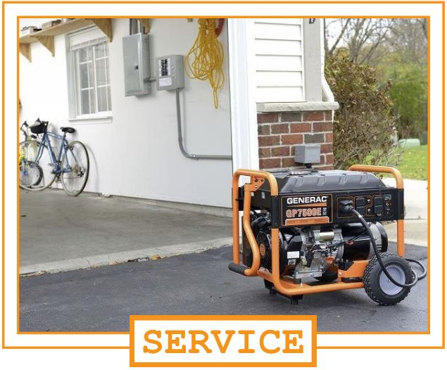 Portable Generac generator on driveway outside house, with a bicycle and electrical meters on wall in background.
