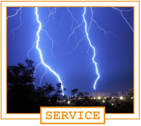 Multiple lightning bolts striking the ground during a thunderstorm at night with silhouettes of trees and city lights in the background, and the word 'SERVICE' in orange at the bottom.