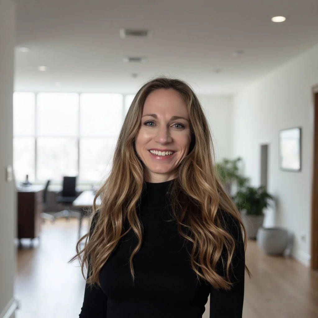 A woman with long, wavy blonde hair smiling while standing inside a modern, well-lit office with large windows and minimal decor.
