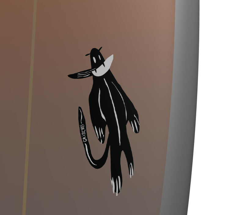 Schwarz-weiße Illustration eines Tieres mit einem Mond-Kompass um den Hals, das an einer Wand hängt.