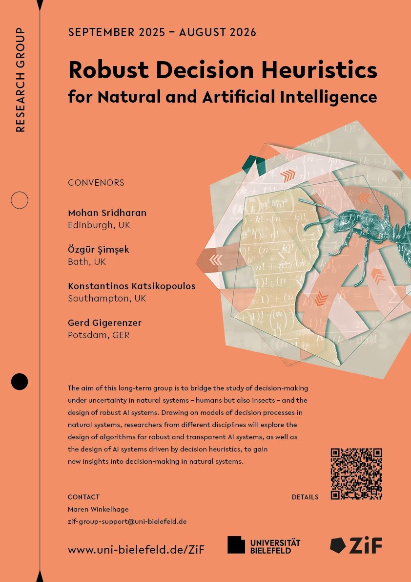 Poster for a research group titled 'Robust Decision Heuristics for Natural and Artificial Intelligence' dated September 2025 to August 2026, featuring a digital illustration of an ant and graphical elements. Contact information and logos of Universität Bielefeld and ZIF are included.