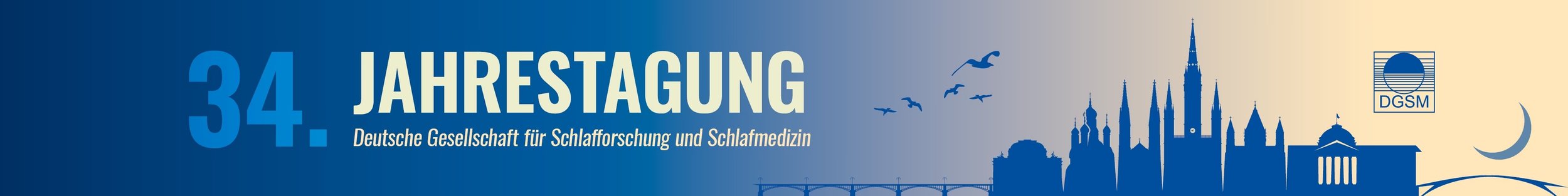 Banner for the 34th annual conference of the German Society for Sleep Research and Sleep Medicine, featuring a city skyline silhouette, birds, and a crescent moon.