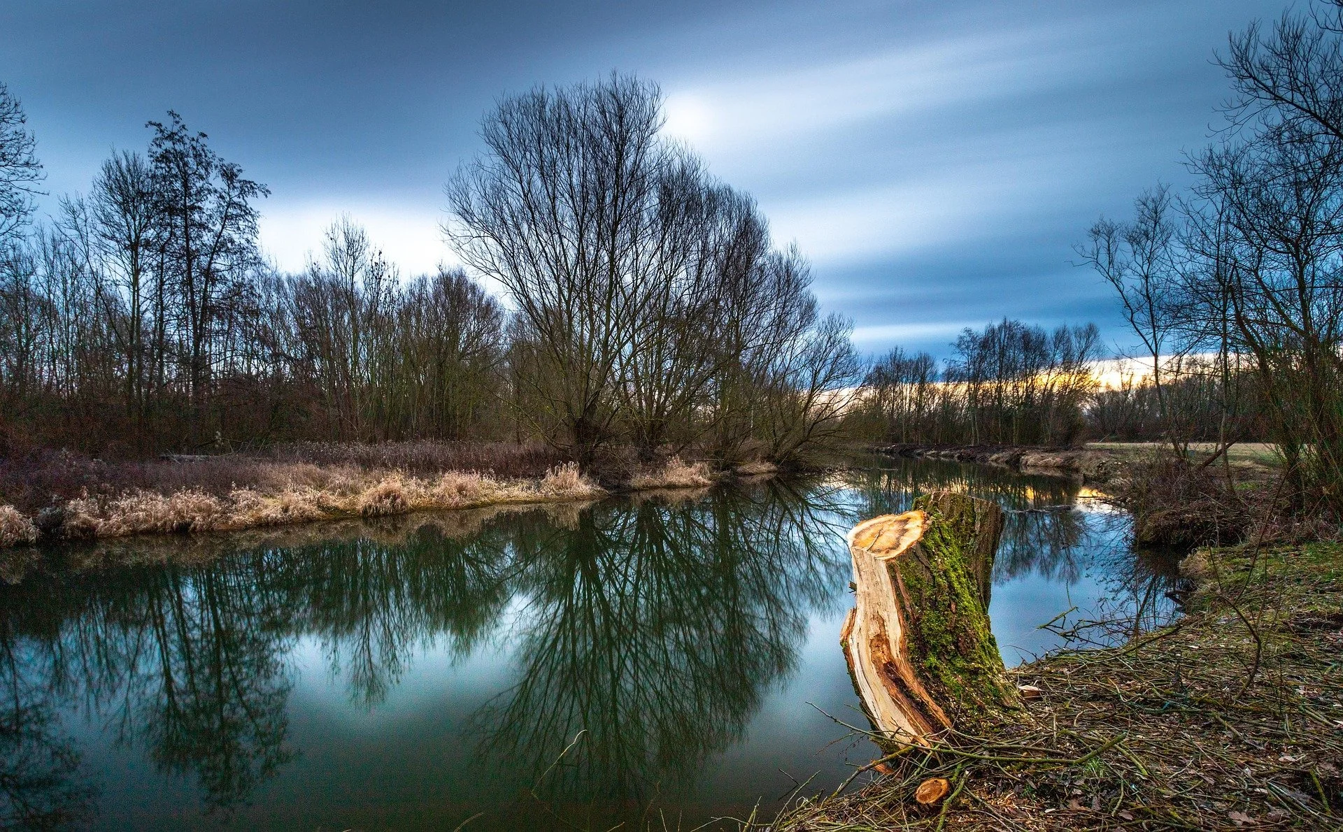 A peaceful river scene during late afternoon with a tree stump on the bank, reflecting trees and a cloudy sky in the water.