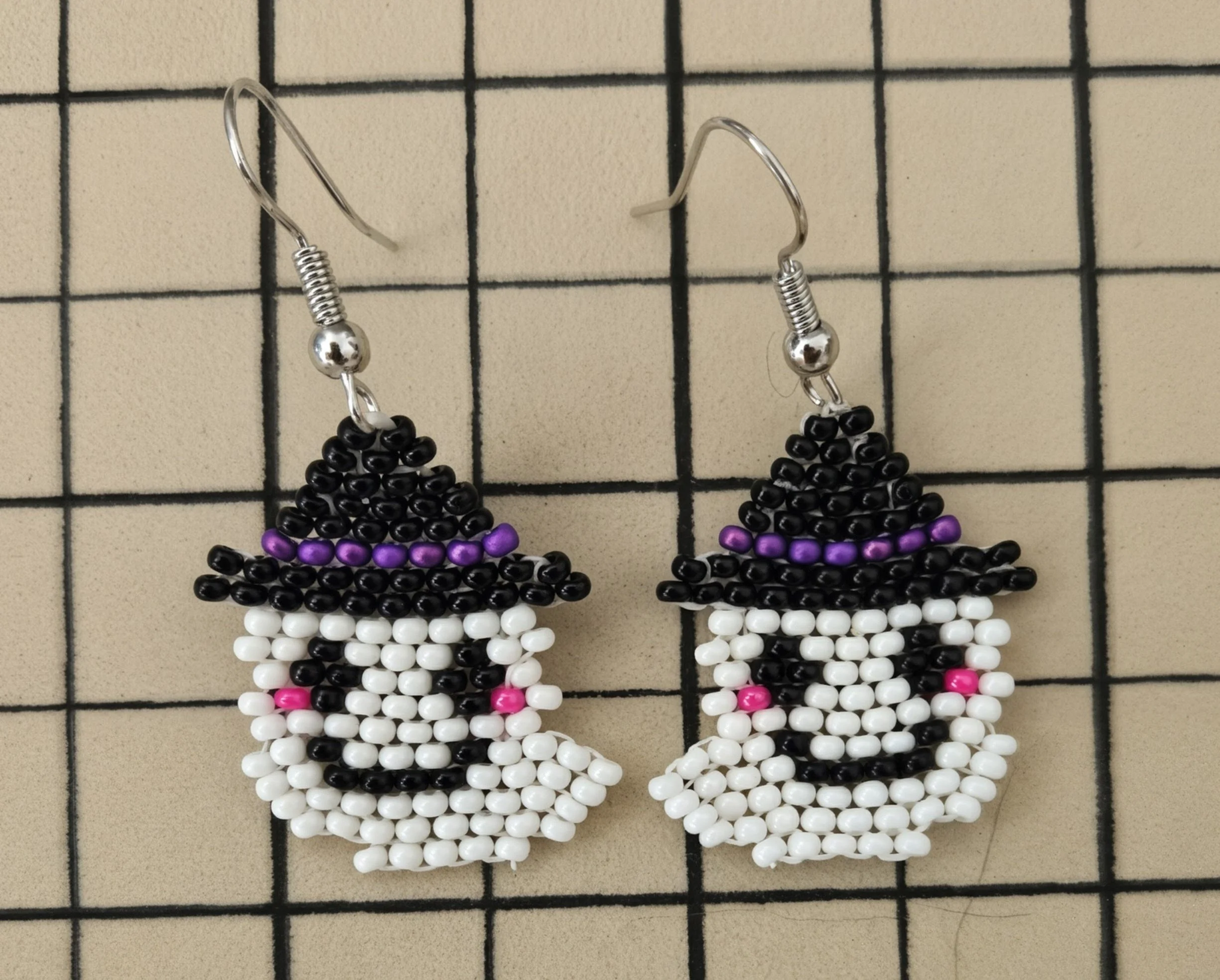 Adorable Beaded Ghost & Witch Hat Earrings