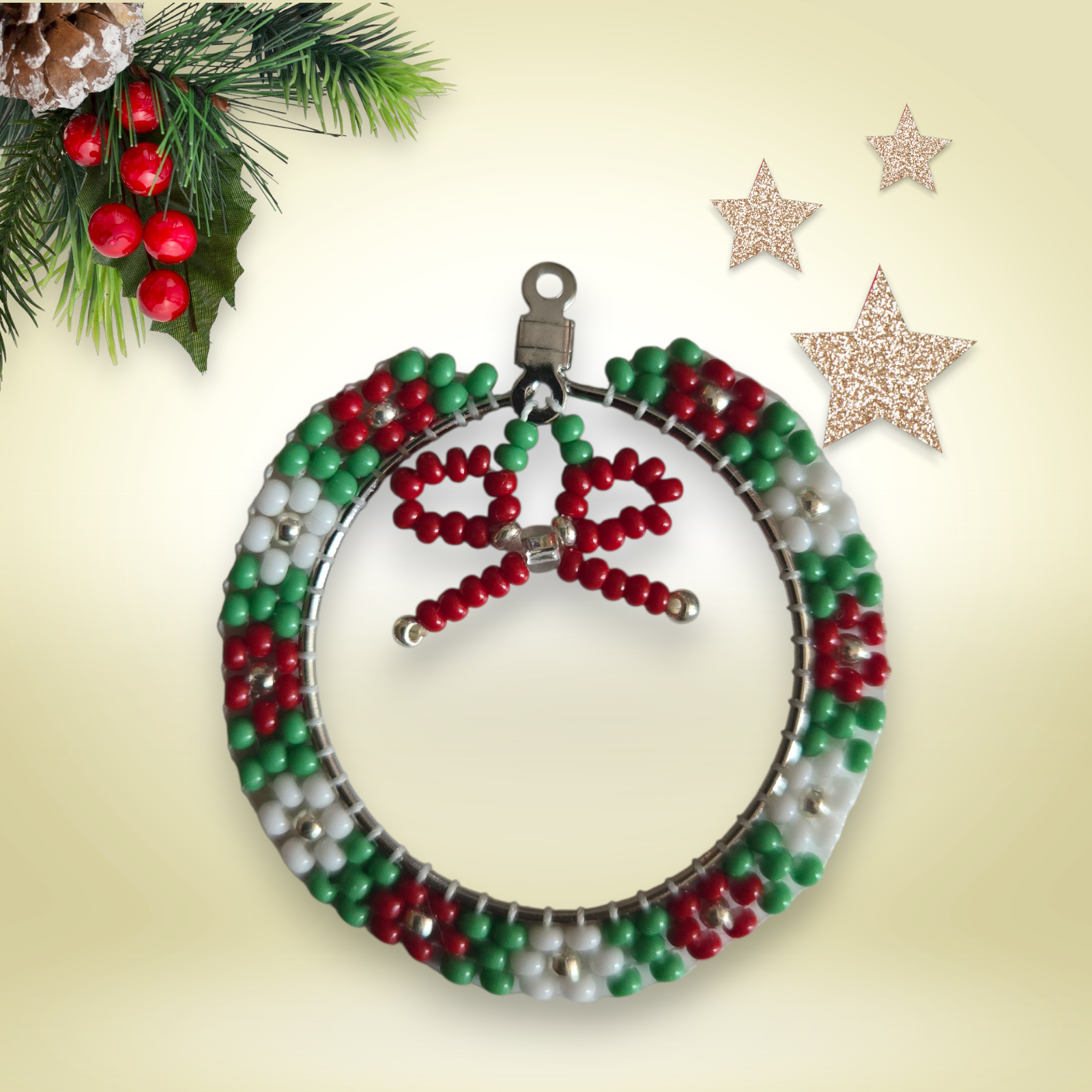 Festive Beaded Christmas Wreath Pendant/ Earrings