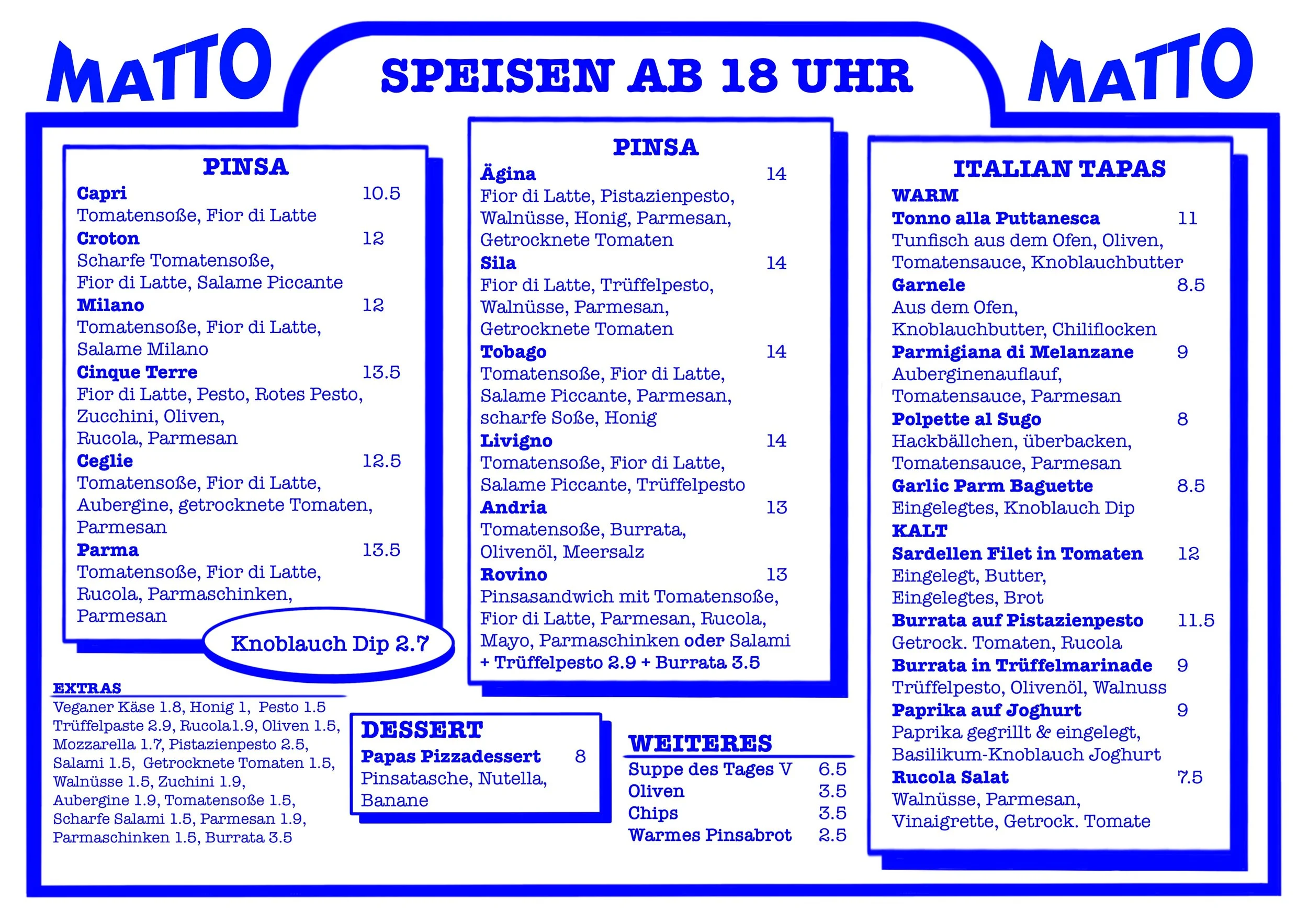 Speisekarte eines Restaurants mit Angeboten ab 18 Uhr, aufgeteilt in Kategorien wie Pinsa, Italienische Tapas und Extras, mit Preisen in Euro.