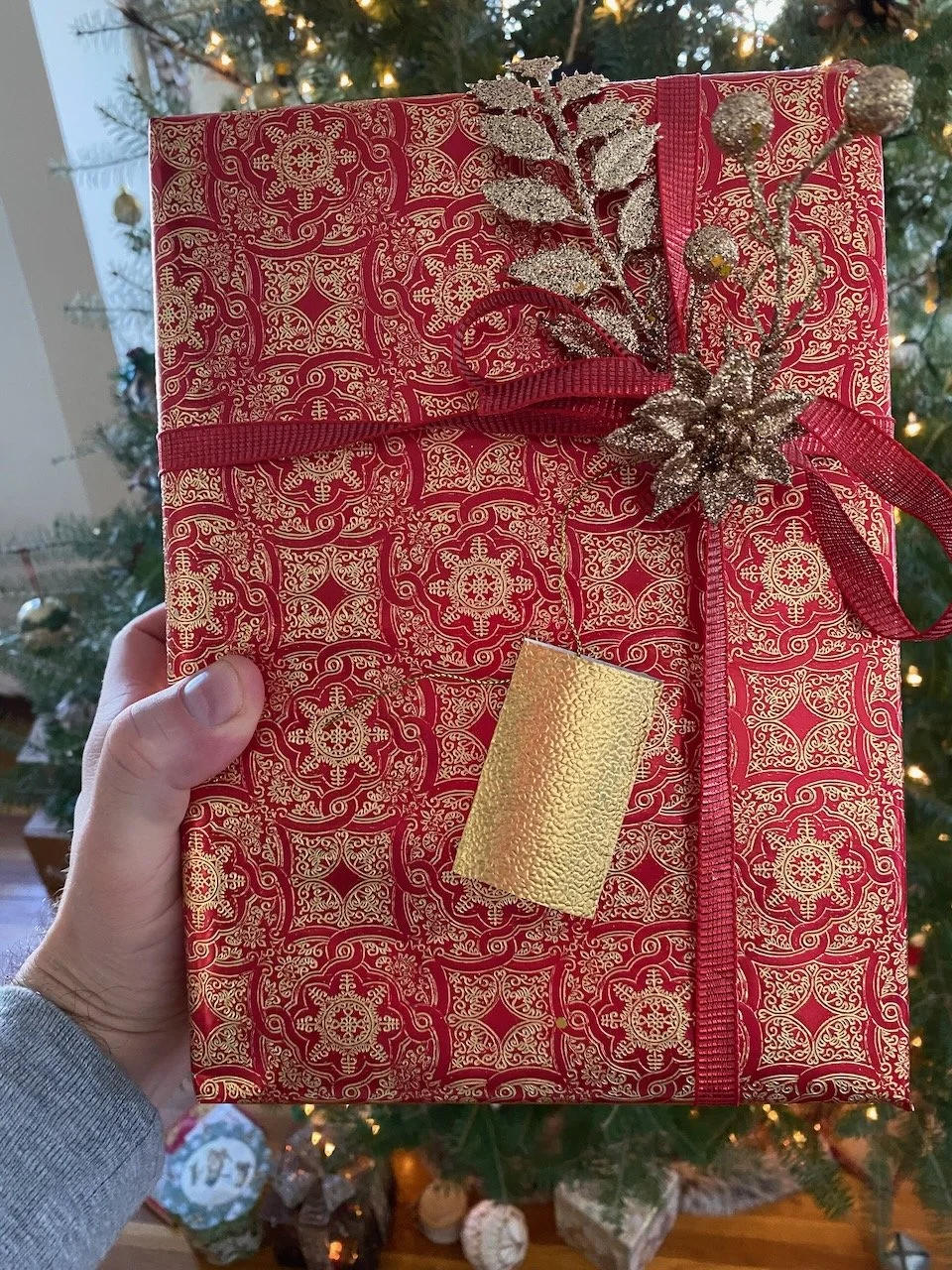 A hand holding a Christmas gift wrapped in red and gold patterned paper, decorated with a red ribbon, gold textured ribbon, and gold glittery holiday-themed embellishments, in front of a decorated Christmas tree.