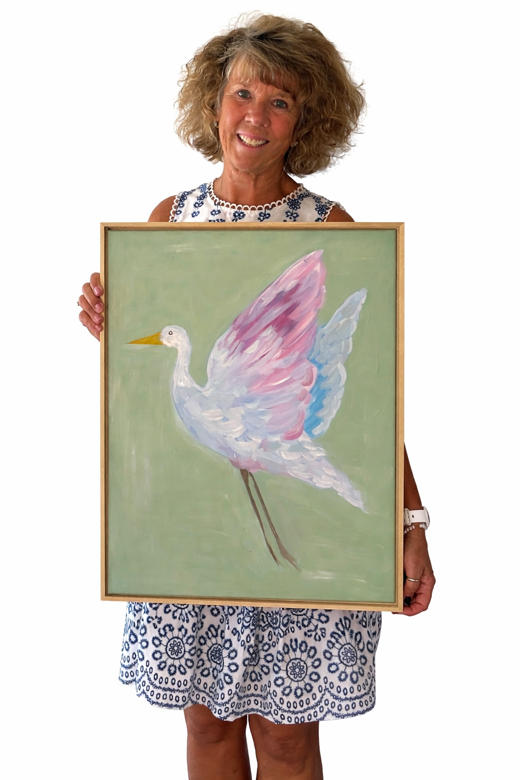 Smiling woman with egret painting.png