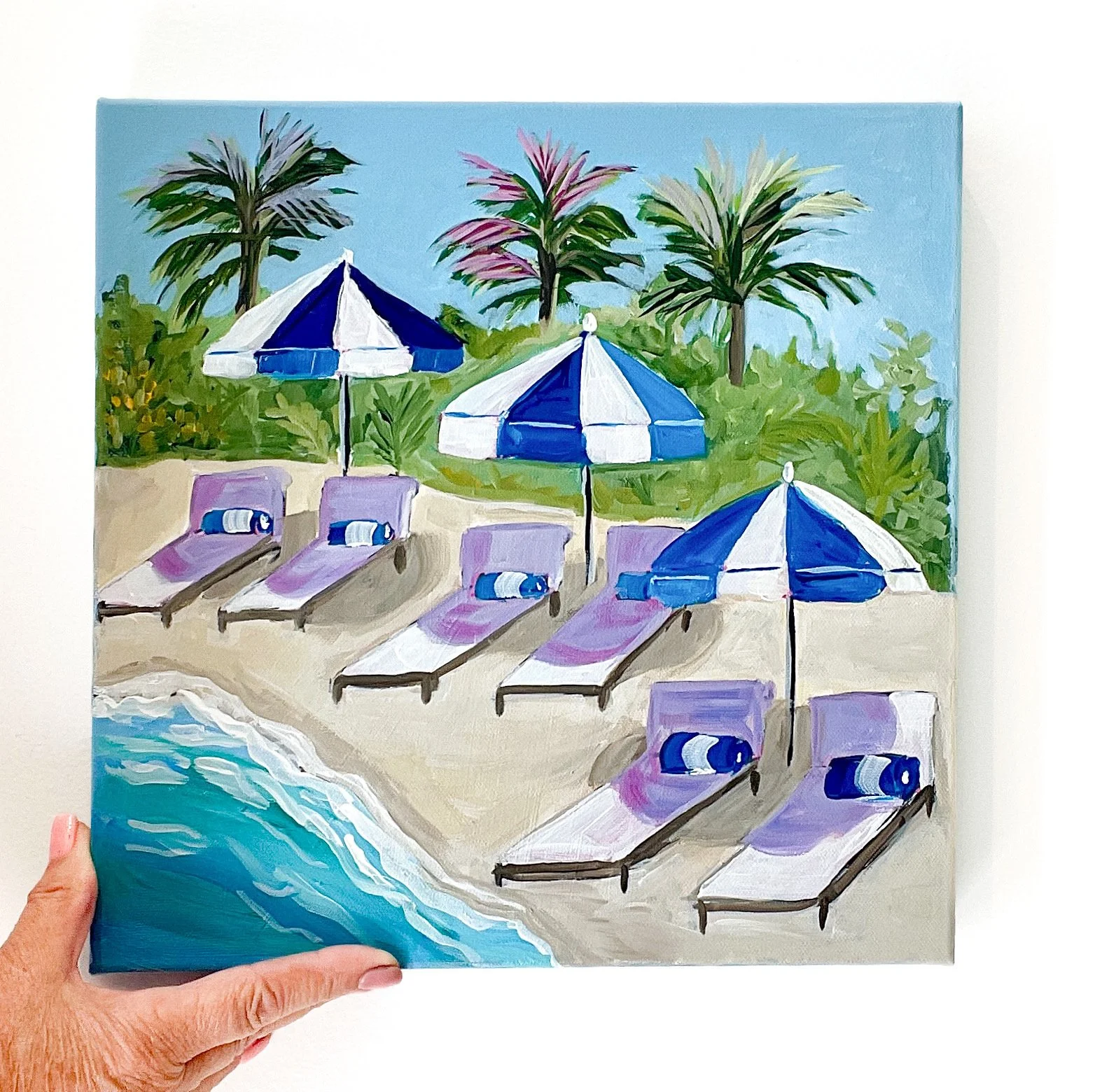 Original coastal beach scene painting with blue umbrellas and palm trees for luxury coastal home decor – DecorMAISONart
