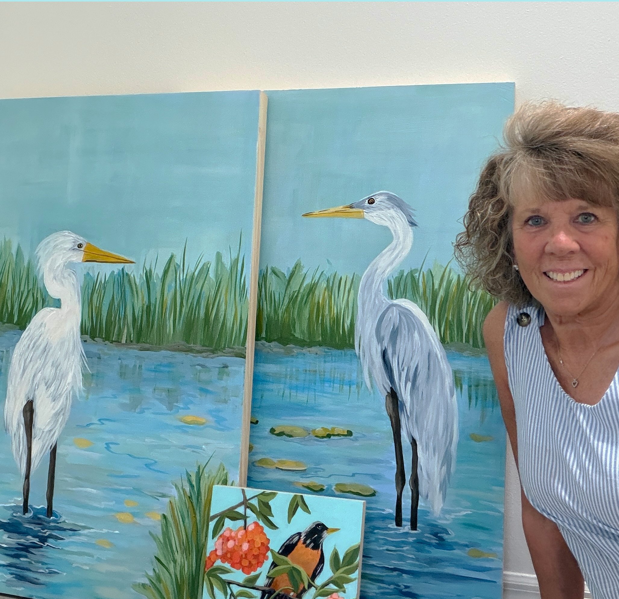 Original marsh landscape painting with white herons and coastal reeds in serene blue and green tones – DecorMAISONart