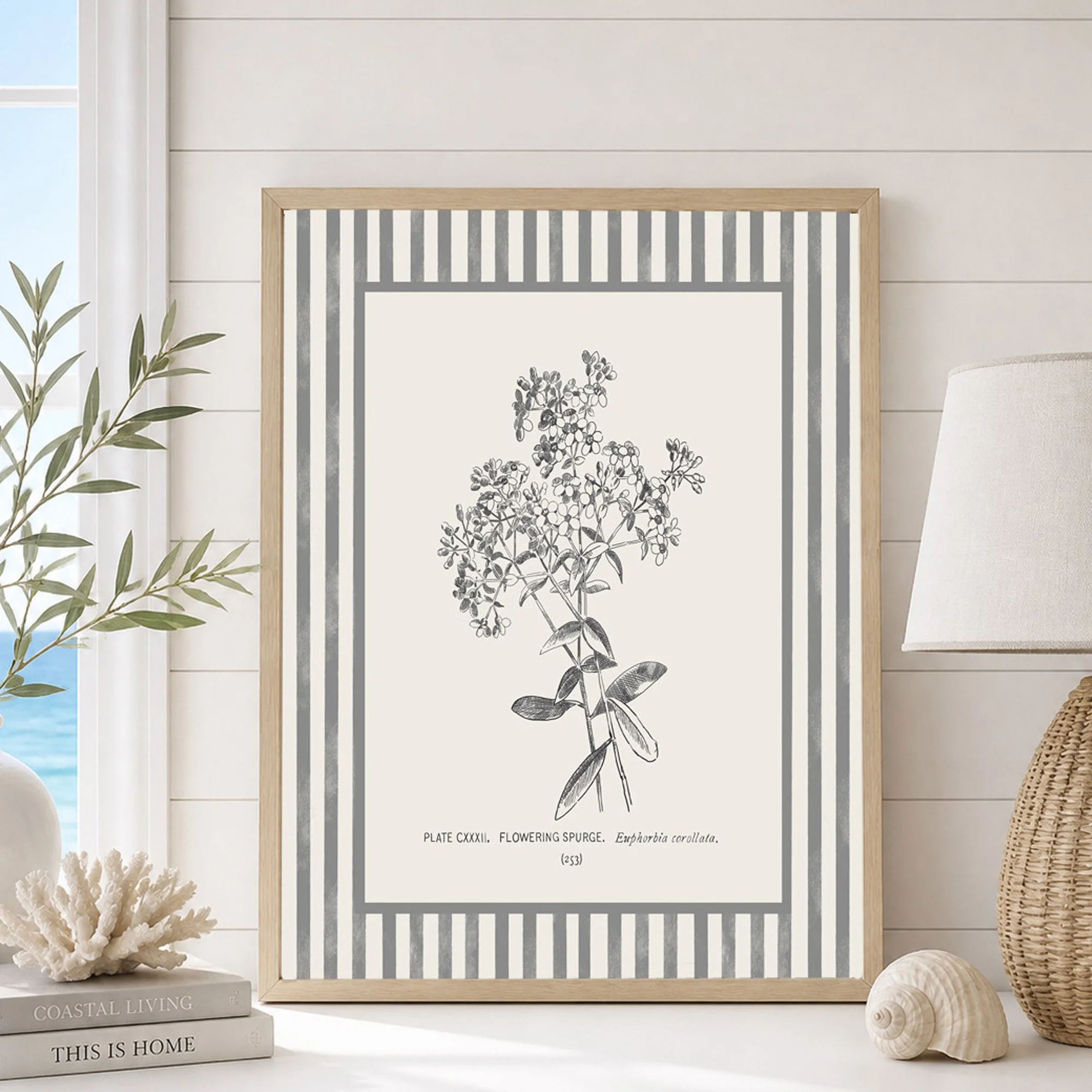 Vintage Botanical Stripe Print – Coastal Farmhouse Wall Art