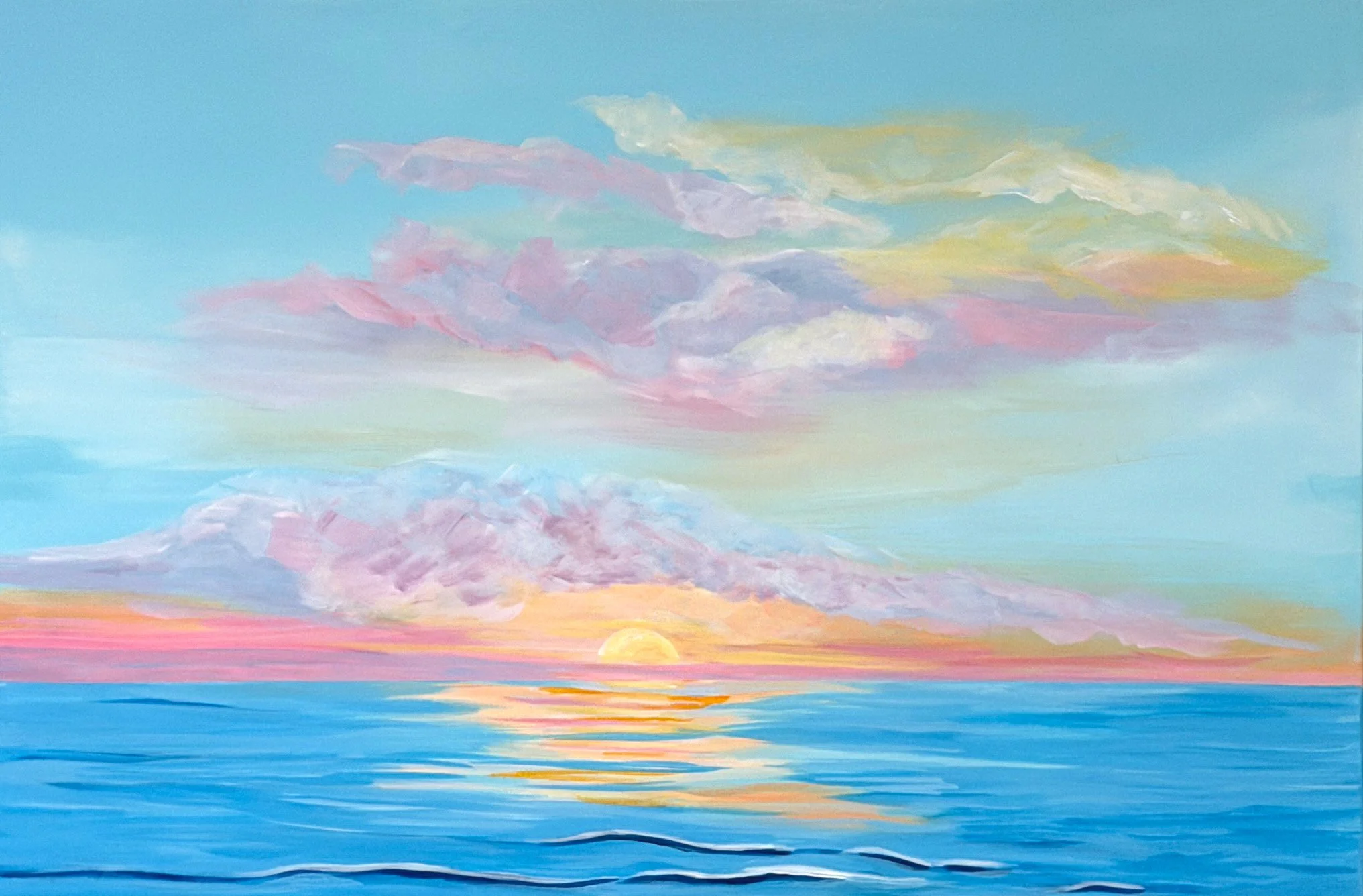 Painting of a sunset over the ocean with a colorful sky of pink, purple, yellow, and blue clouds.