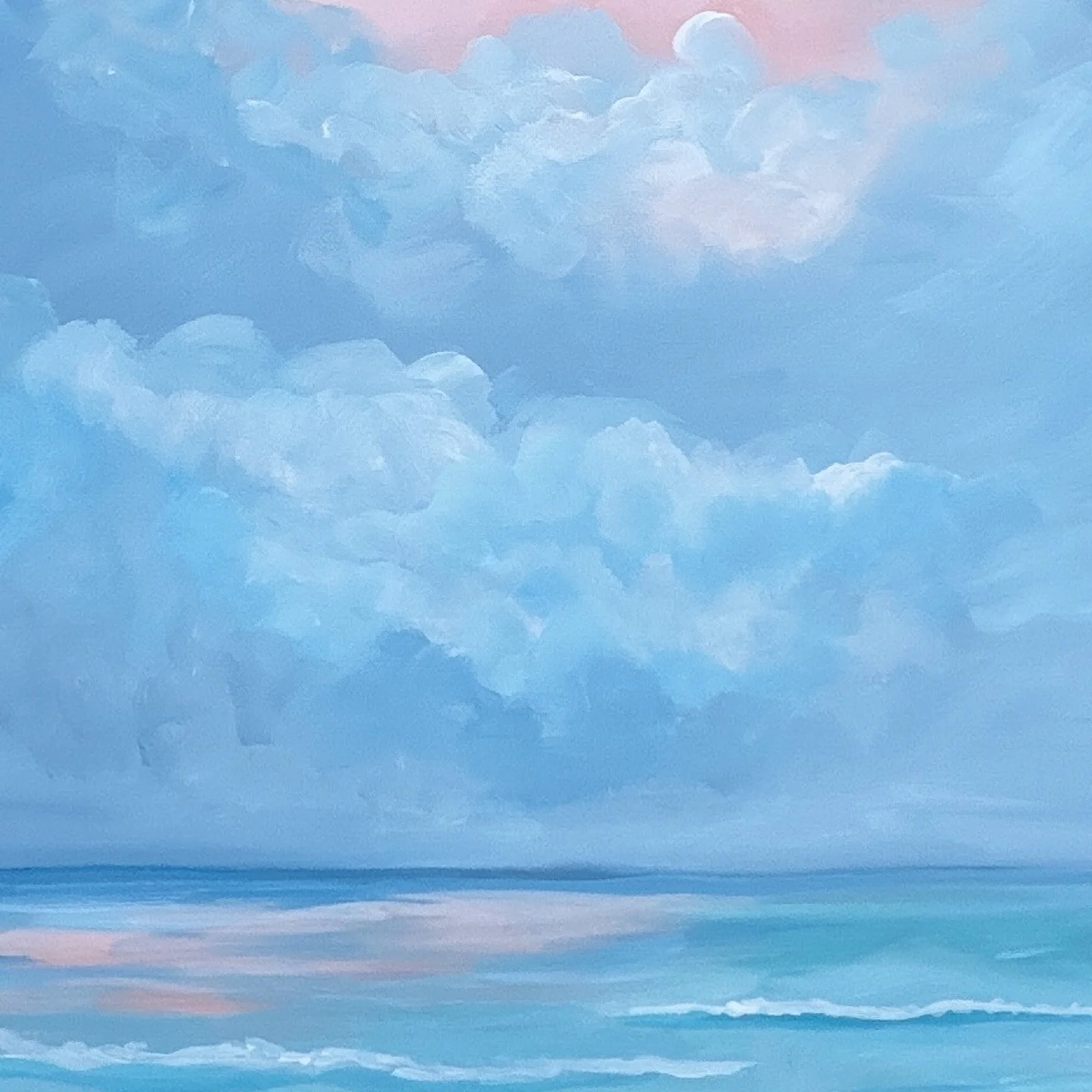 A painting of the sky with large blue clouds and a calm ocean below, featuring hints of pink in the horizon.
