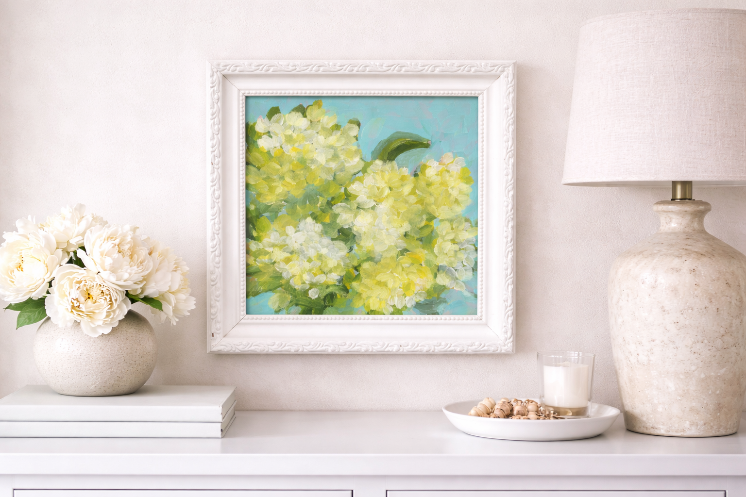 Elegant interior with hydrangea painting.png