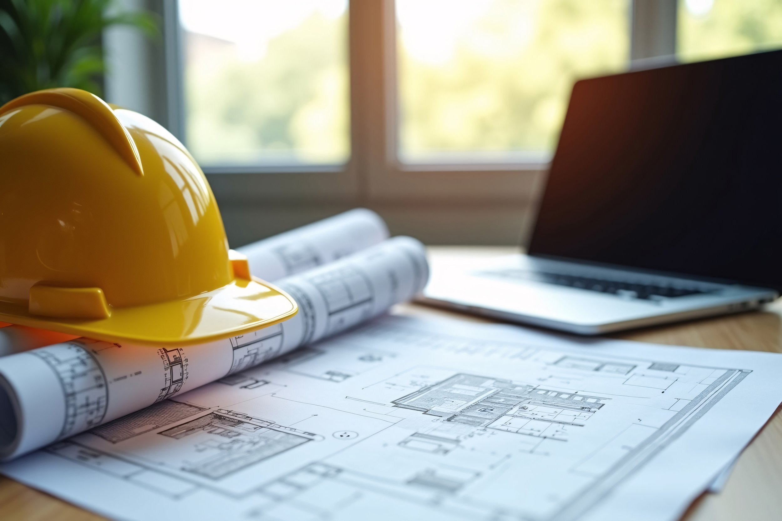 Architectural blueprints on a desk with a yellow construction helmet, laptop, and rolled-up plans, near a window with natural light.