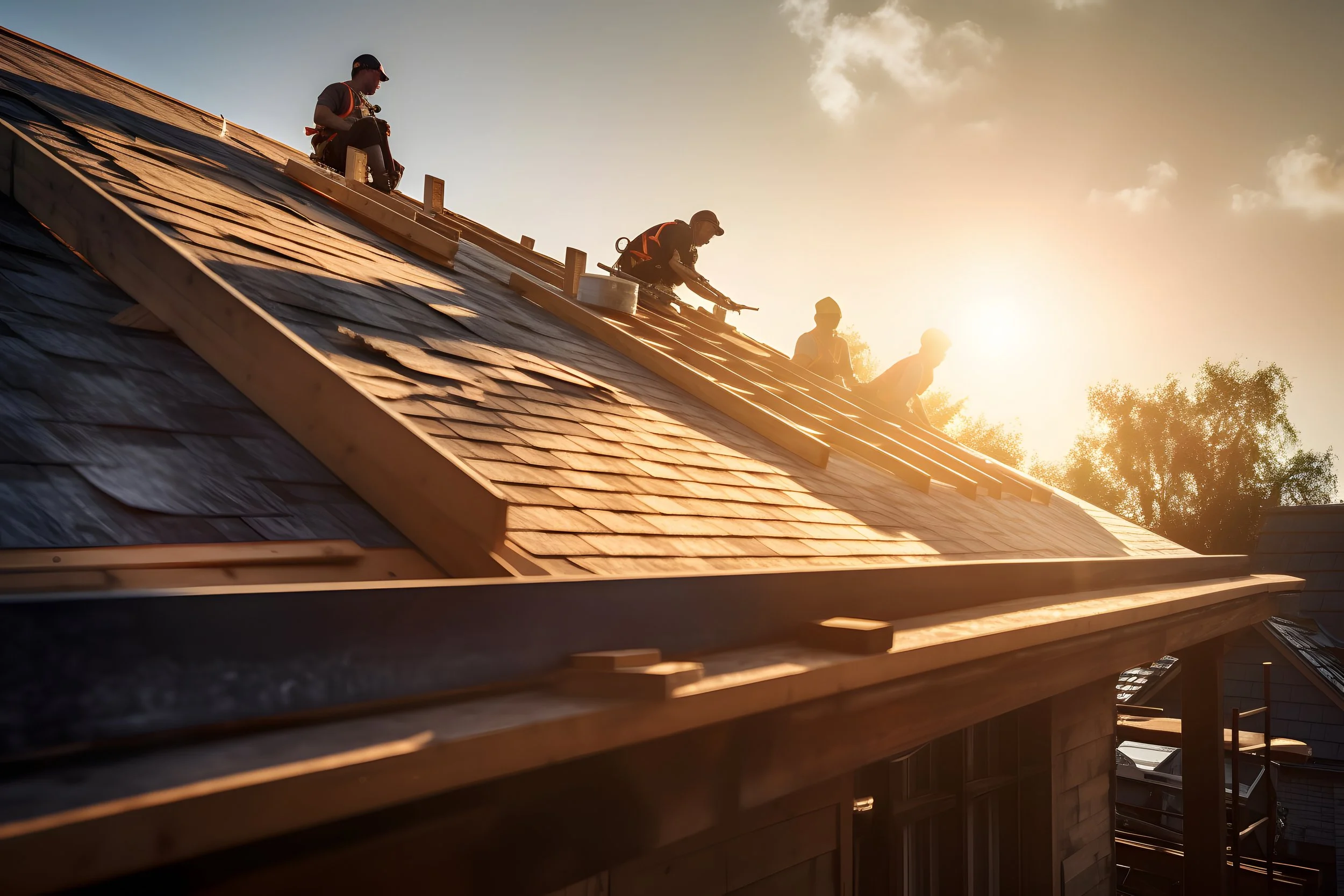 Workers installing shingles on a roof at sunset.