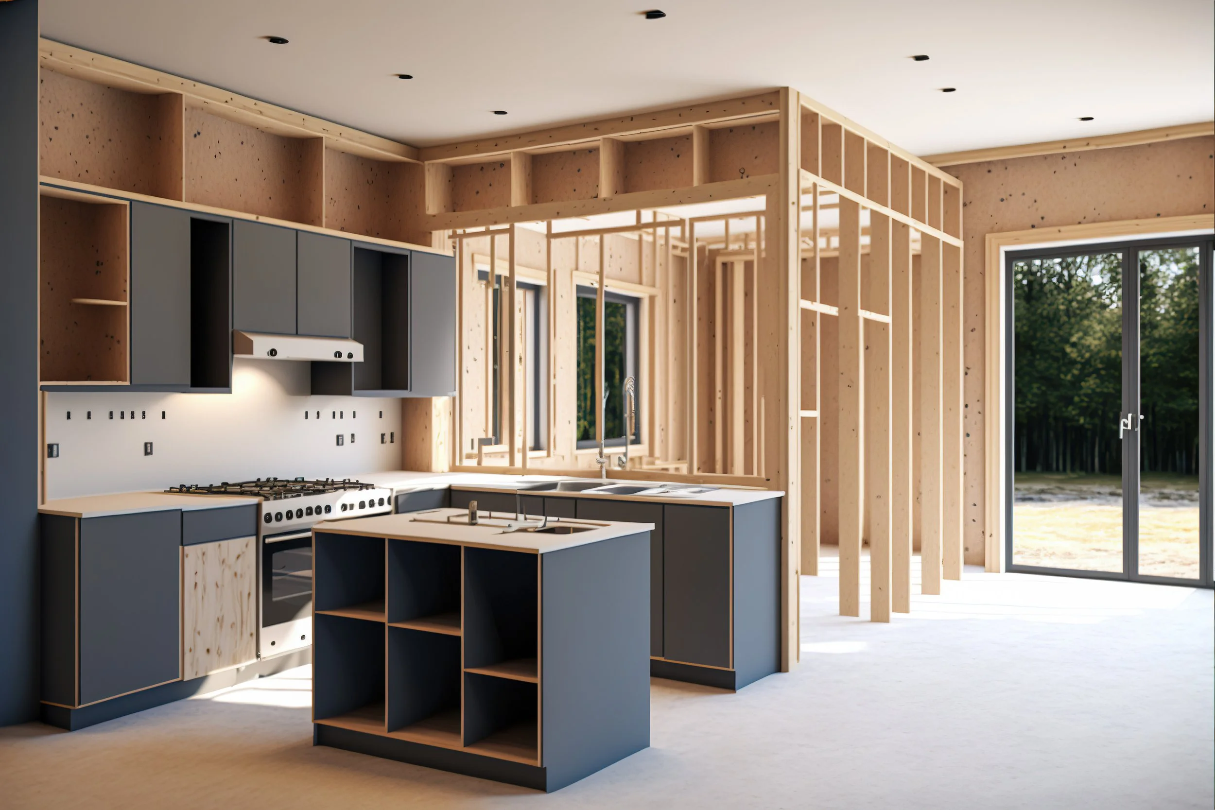 Kitchen under construction with blue cabinets, a stove, and an island with open shelving, wooden framing for walls, large windows, and sliding glass door leading to outdoors.