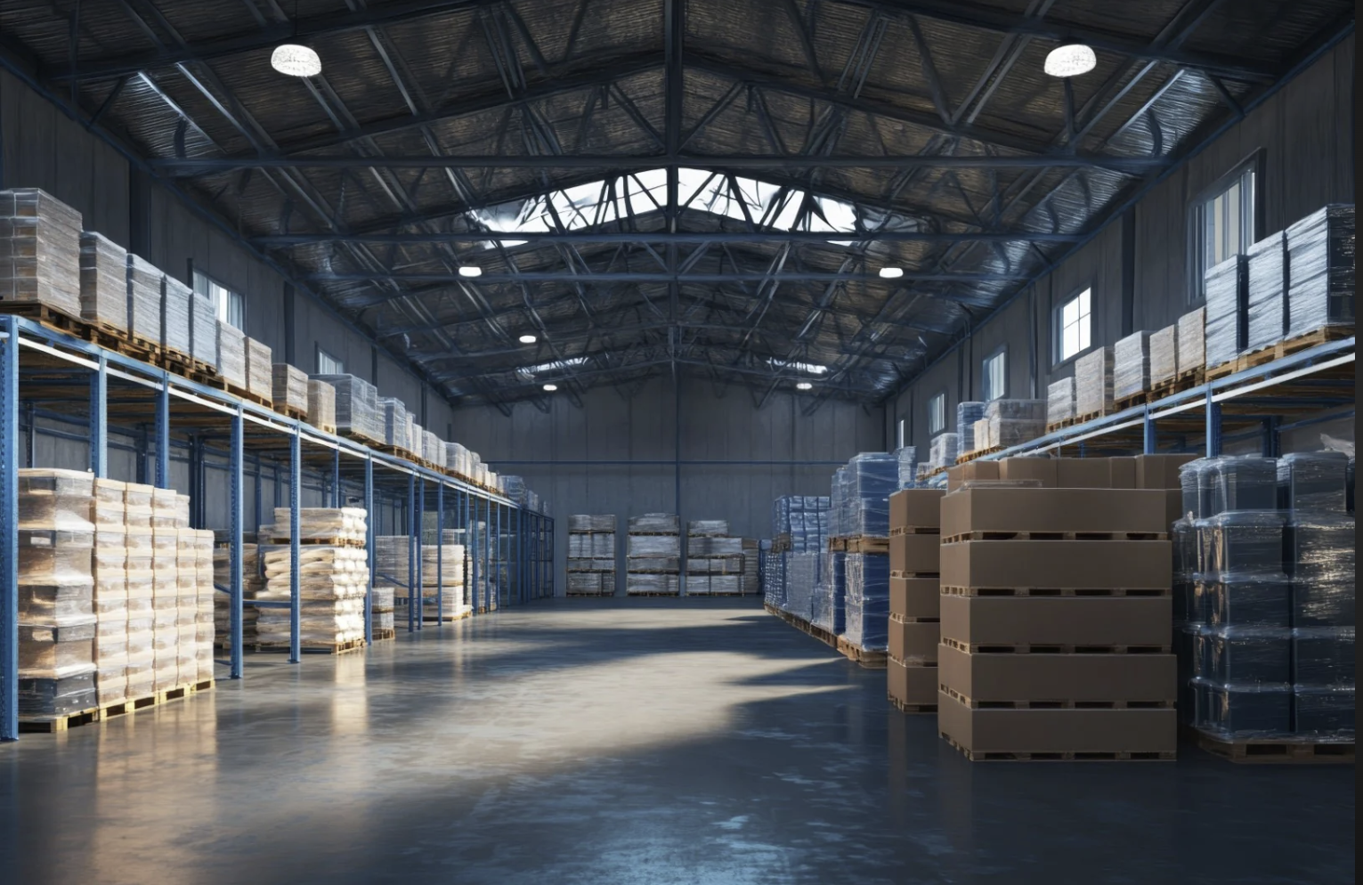 Interior of a warehouse with high ceilings, metal racks holding pallets of boxes and items, and windows letting in natural light.