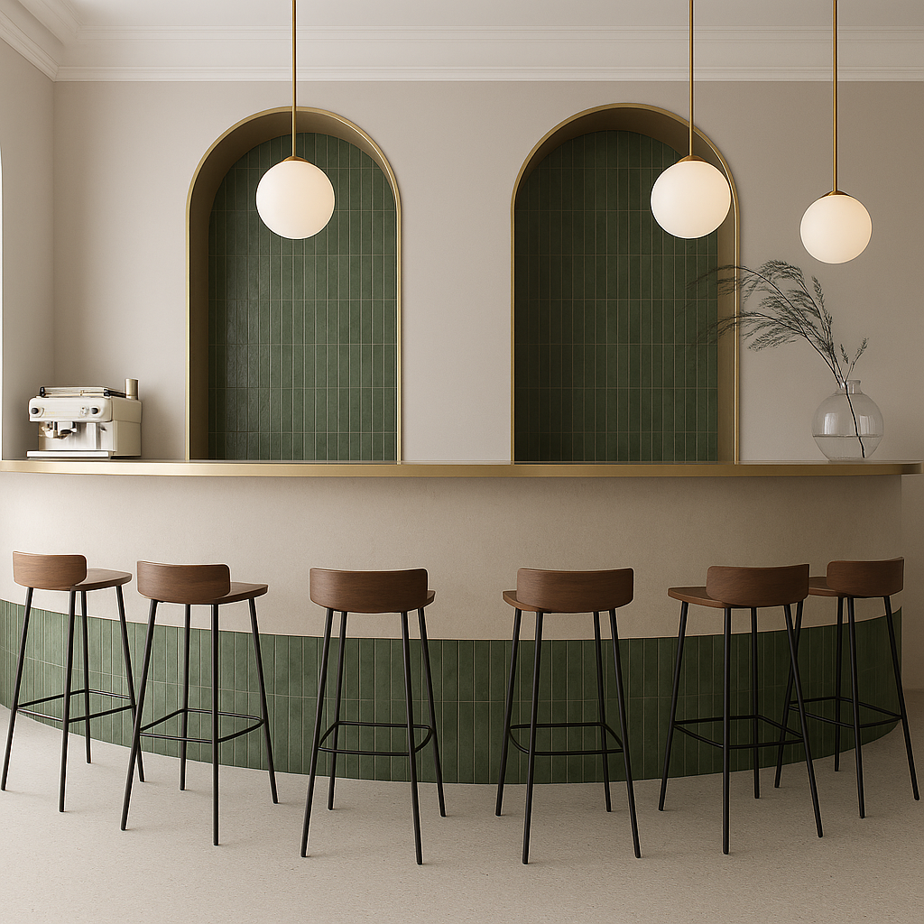 Modern bar area with six wooden bar stools, green tiled arches, white countertop, pendant lighting, and a decorative vase with dried branches.