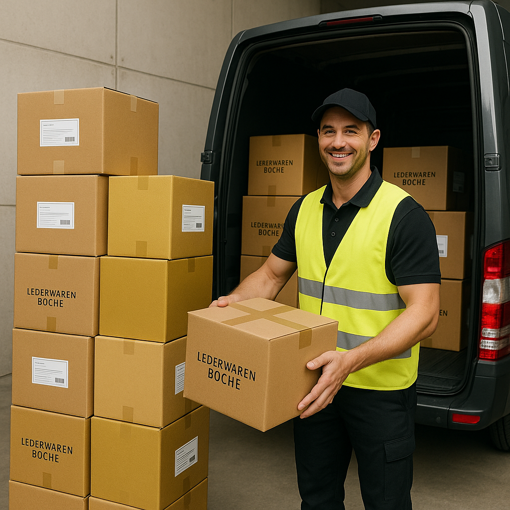 Mitarbeiter liefert Kartons mit Lederwaren Boche – kein Risiko beim Transport & Lagerung im Kommissionssystem für Geldbörsen & Gürtel