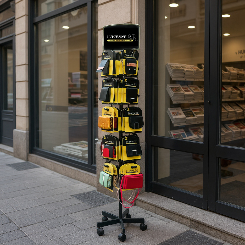 Platzsparender Verkaufsständer mit Geldbörsen der Marke Vivienne B. vor einem Zeitungsladen – Teil des Kommissionssystems von Lederwaren Boche für stationäre Händler.