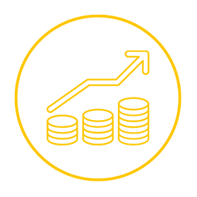 Icon mit Münzen und Aufwärtspfeil – Symbol für risikofreie Umsatzsteigerung durch Verkaufsständer auf Kommissionsbasis