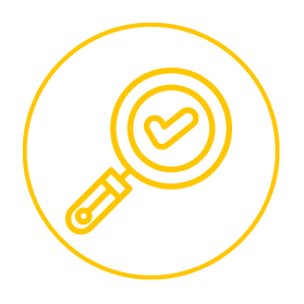 Icon Lupe mit Haken – Symbol für transparente Konditionen ohne versteckte Kosten bei Verkaufsaufstellern für Geldbörsen und Gürtel von Lederwaren Boch