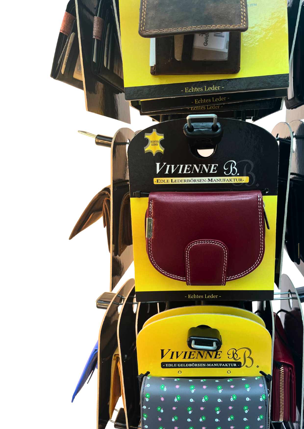 Detailaufnahme einer roten Leder-Geldbörse im Verkaufsaufsteller der Marke Vivienne B. – Teil des Kommissionssystems von Lederwaren Boche für stationäre Händler.