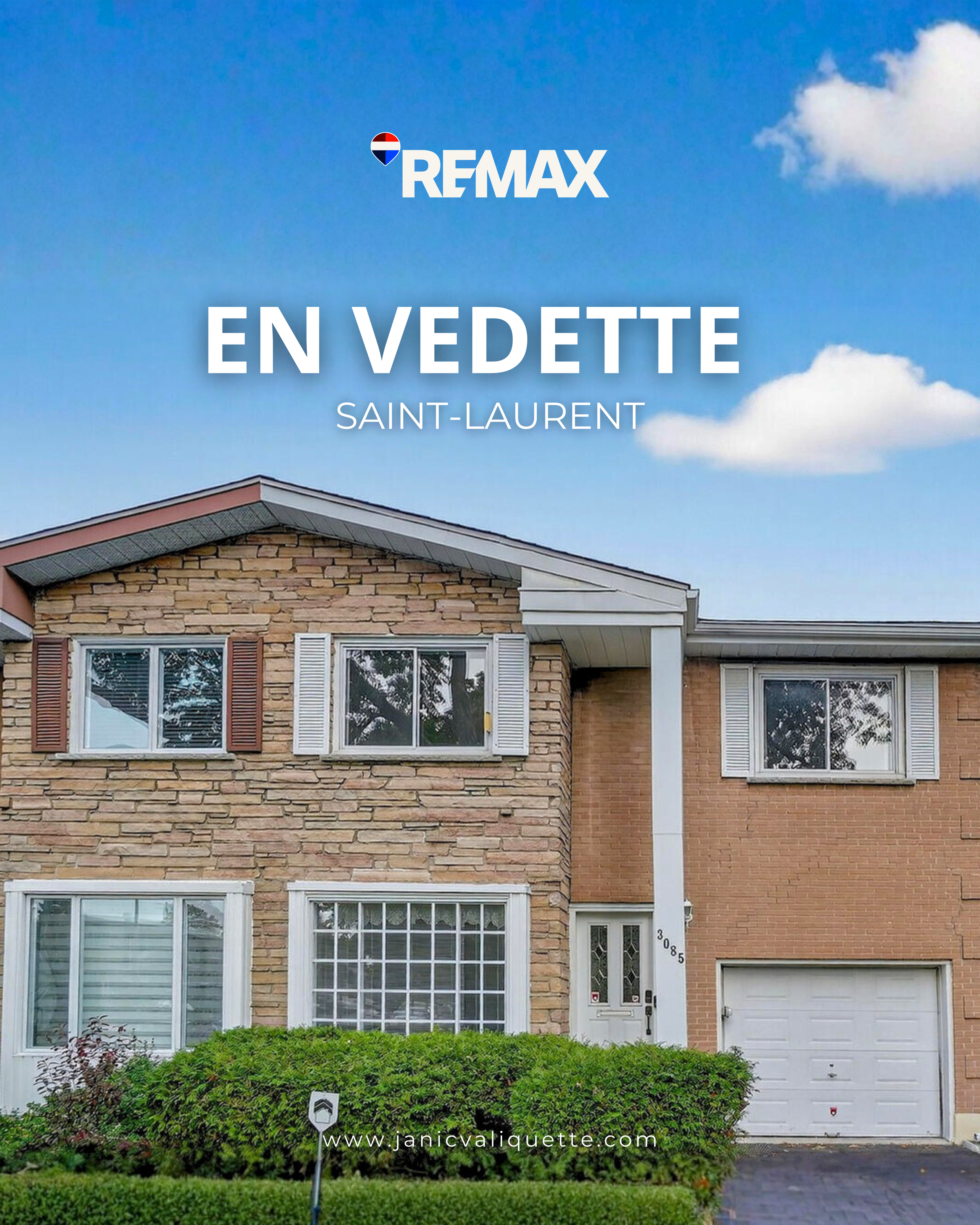 Une maison en pierre et brique avec des fenêtres à volets, devant un jardin avec un arbuste, sous un ciel bleu avec quelques nuages. Texte promotionnel pour REMAX à Saint-Laurent.