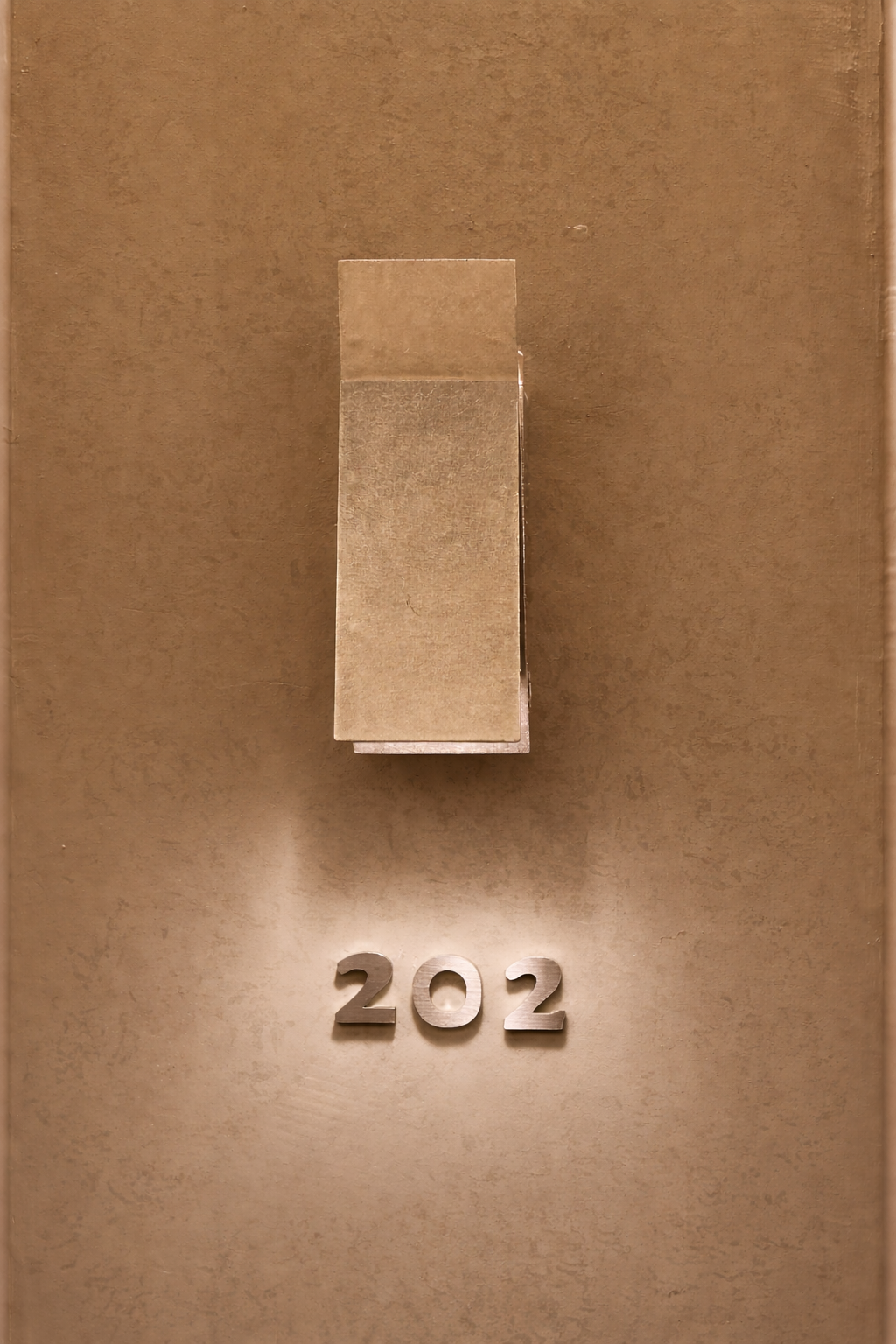 A warm-toned willow leaf stay Gangnam room door featuring a brushed-metal wall lamp illuminating the metallic room number 202 on a textured beige wall.