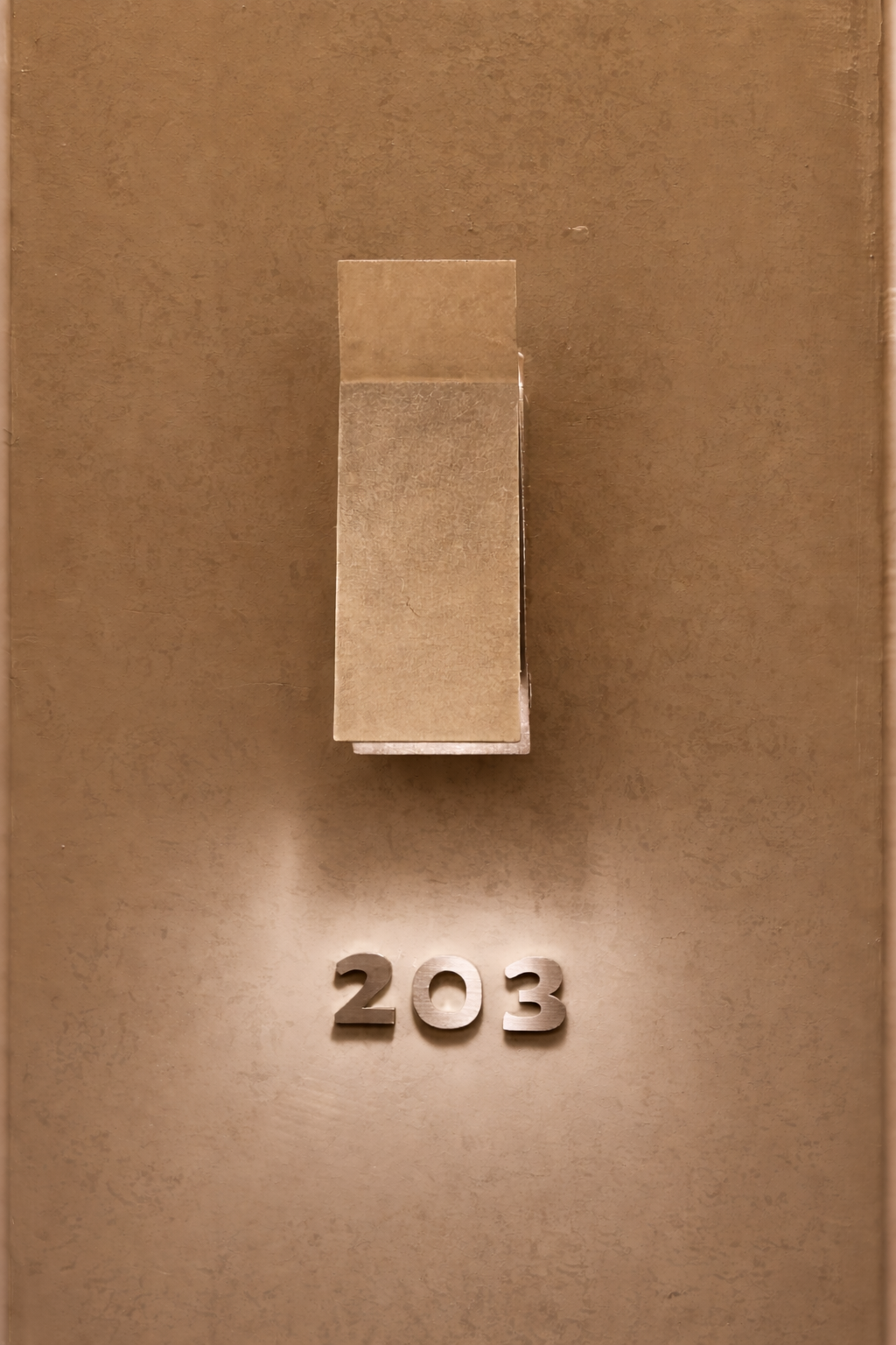 A warm-toned willow leaf stay Gangnam room door featuring a brushed-metal wall lamp illuminating the metallic room number 203 on a textured beige wall.