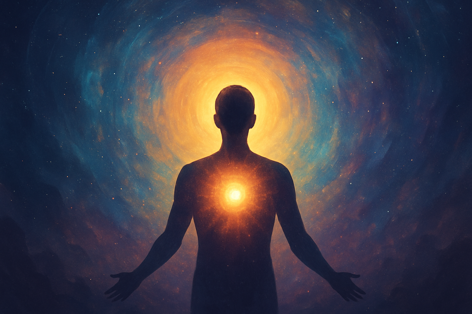 Silhouette of a person with arms outstretched, illuminated by a glowing light from within, standing against a cosmic background with stars and swirling colors.