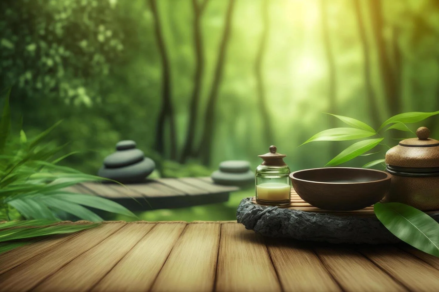 Zen garden scene with a wooden table, pottery, candle, and green foliage in a lush forest background.