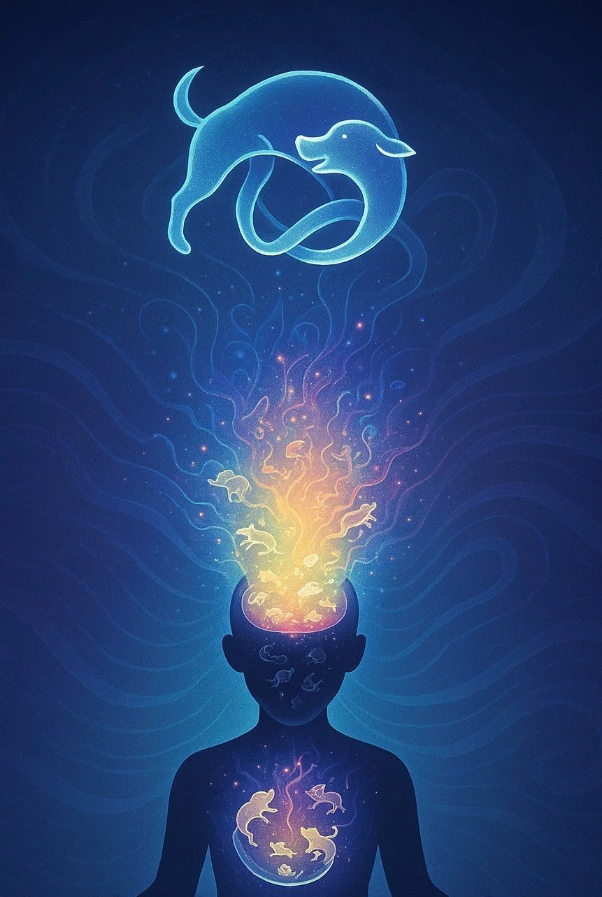 A digital illustration of a person with an open head and chest emitting glowing, swirling lines and shapes of fish and a dolphin, representing creativity and imagination.